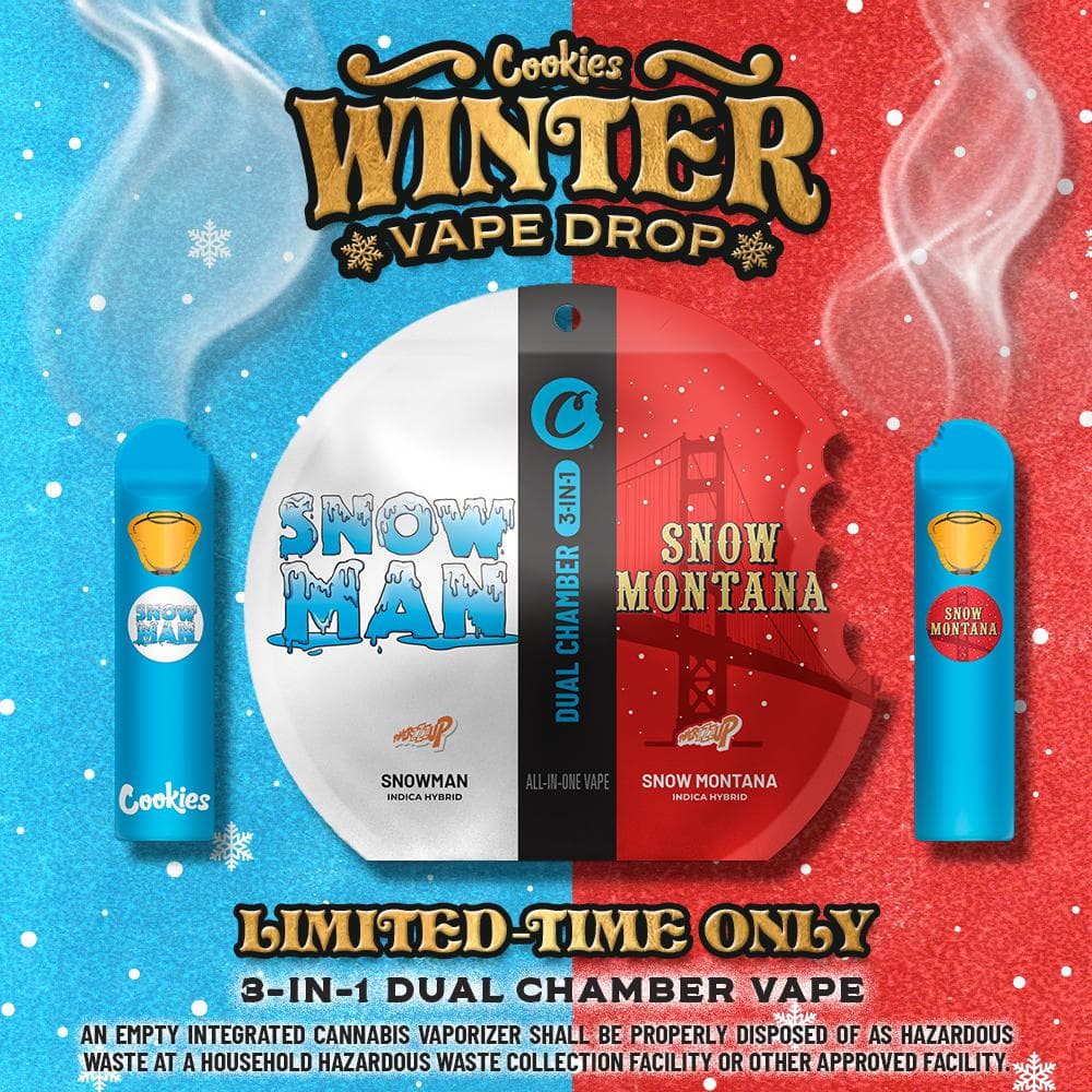 Snowman/Snow Montana - 2 x 0.5g All-in-One Dual Chamber Triple Hit Disposable Vape - Distillate Terps - Cookies