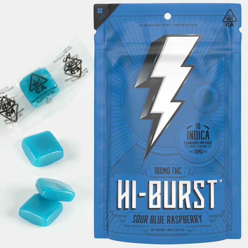 Sour Blue Raspberry - 10mg THC EACH X 10 Pack Cannabis Infused Chew - Indica Candy - Hi-Burst - Marmas