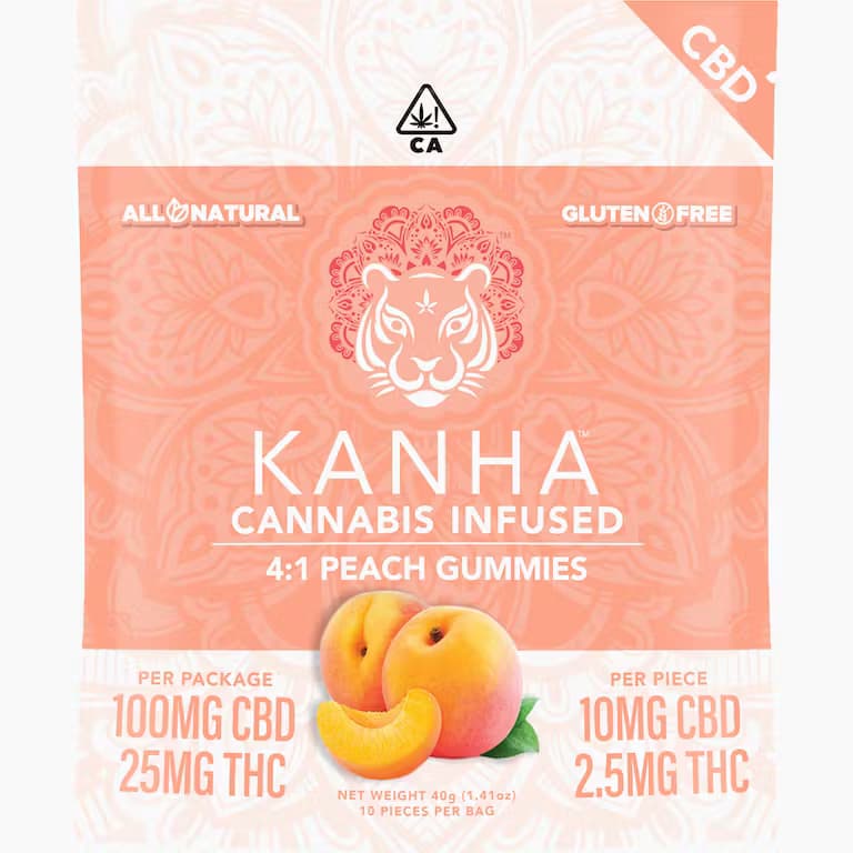 Peach 4:1 CBD:THC - 10mg CBD/2.5mg THC EACH x 10 Pack Cannabis Infused Gummies - Kanha