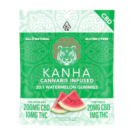 Watermelon 20:1 CBD:THC - 20mg CBD/1mg THC EACH x 10 Pack Cannabis Infused Gummies - Kanha