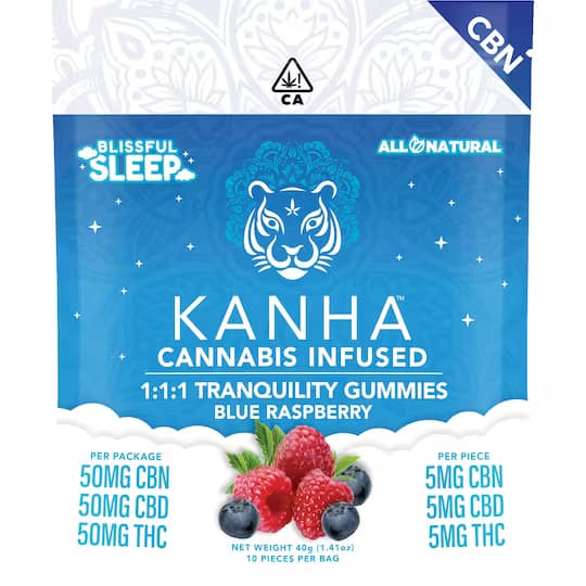 Blue Raspberry 1:1:1 CBD:CBN:THC Tranquility Sleep - 5mg CBN/5mg CBD/5mg THC EACH x 10 Pack Cannabis Infused Gummies - Kanha